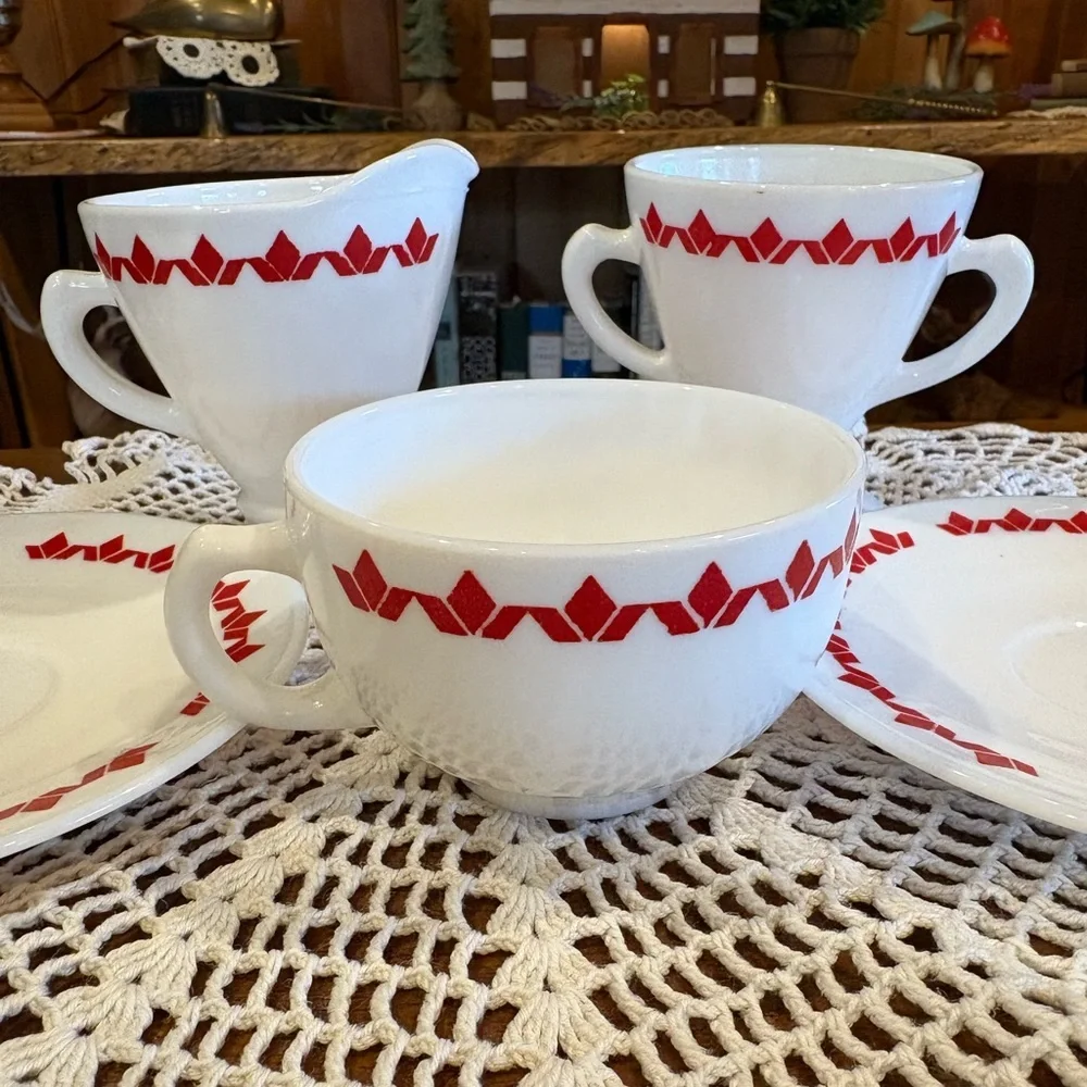 Vintage Shenango China cup and saucer set with a red diamond pattern